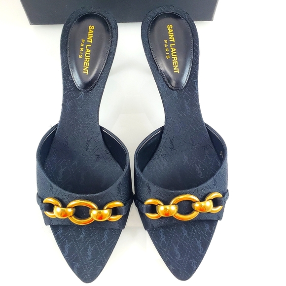 NEW$1050 Saint Laurent YSL Logo Gippy Chain Kitten-Heel Slide Sandal Mules Sz 37 - Picture 12 of 17